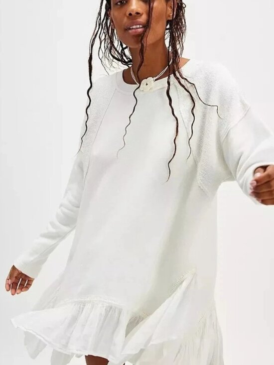 free people Dresses & Skirts - Free People Poets Pullover Ivory Oversized Scoop Neck Asymmetrical Dress M